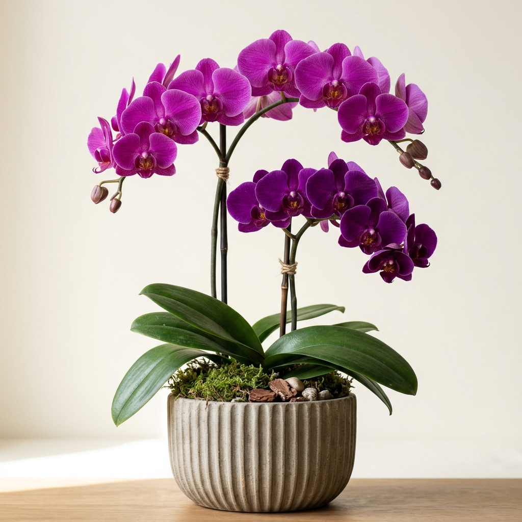 Phalaenopsis Orchid in Fluted Stone Pot