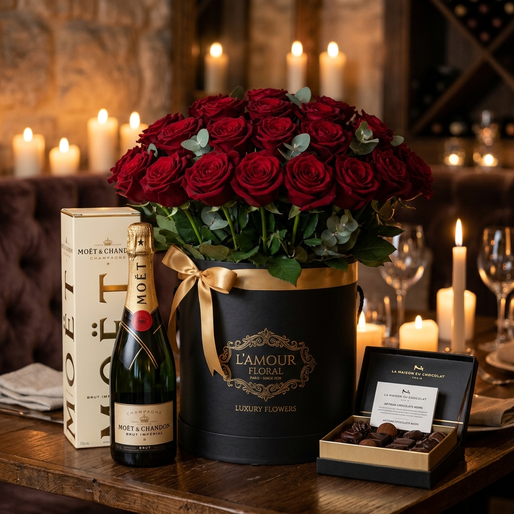 L'Amour Red Roses & Champagne Box